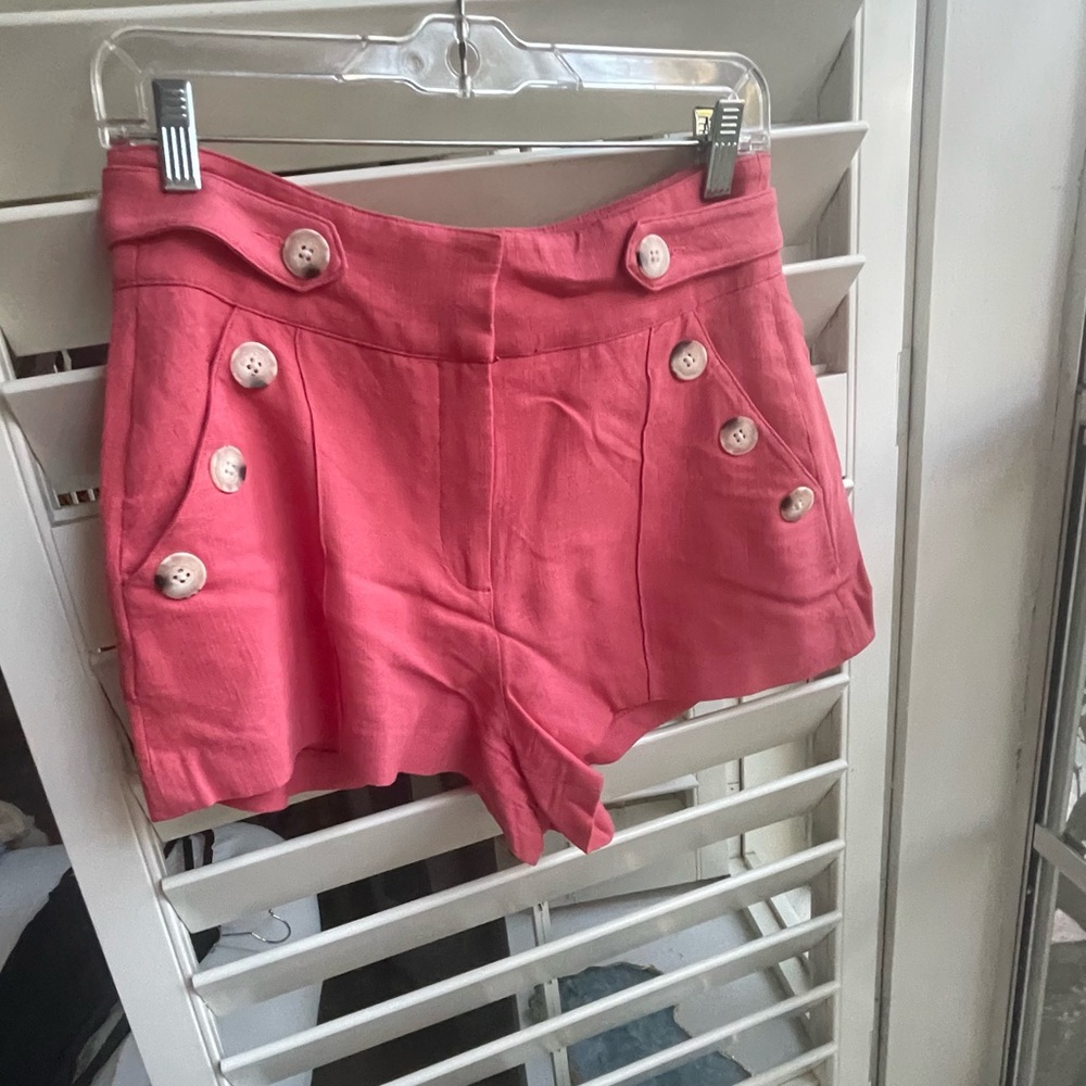Veronica Beard Pine Melon Coral Button-Accent High Waist Shorts